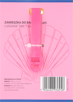 Tył różowego opakowania Eloy zawieszki do bagażu z grafiką muszli. W środku różowa zawieszka. Widoczny kod kreskowy.