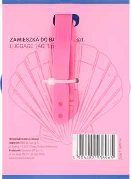 Tył różowego opakowania zawieszki Eloy do bagażu. Widoczny różowy pasek etykiety, na tle karty z motywem muszelki.
