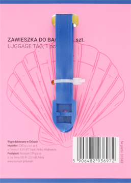Eloy zawieszka do bagażu homar, niebieska, z żółtym detalem, na różowym opakowaniu z muszlą, widok z przodu.