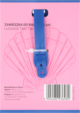 Eloy zawieszka do bagażu 1 szt., niebieska, o kształcie kraba, na różowym opakowaniu z grafiką muszli.