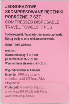 Eloy zestaw 7 skompresowanych ręczników podróżnych w różowej etykiecie, widok z przodu, skład 100% wiskoza.