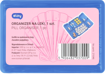 Granatowy organizer na leki Eloy z różową etykietą i grafiką muszli, widok z góry, napis Pill Organiser.
