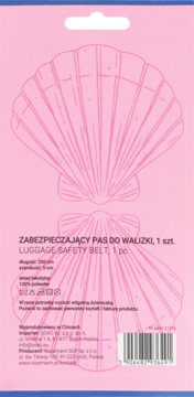 Tył różowego opakowania pasa do walizki Eloy z motywem muszli, tekstem i kodem kreskowym.