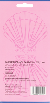 Tył opakowania różowego pasa Eloy do spięcia walizki z grafiką muszli, tekstem i kodem kreskowym.