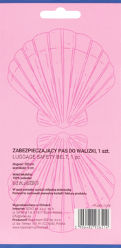 Tył różowego opakowania pasa bezpieczeństwa do walizki Eloy z grafiką muszli i widocznym kodem kreskowym.