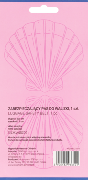 Tył różowego opakowania pasa bezpieczeństwa do walizki Eloy, z grafiką muszli i kodem kreskowym.
