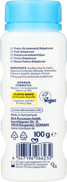 Tył białej butelki pudru Babydream 100g z niebieską nakrętką, widoczne składniki i oznaczenia recyklingowe.