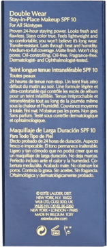 Tył niebieskiego opakowania długotrwałego podkładu Estée Lauder Double Wear SPF 10 z tekstem i symbolami.