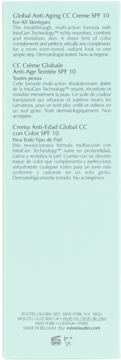 Tył jasnoniebieskiego opakowania Global Anti-Aging CC Creme SPF 10 z tekstem produktu i ikonami.