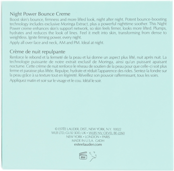 Night Power Bounce Creme, tył opakowania z pełnym opisem produktu w języku angielskim i francuskim.