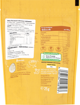 Tył żółtego opakowania suszonych bananów z niemieckimi napisami, informacją bez cukru, dla wegan, 25g.