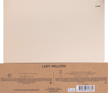 Tył brązowego zestawu zapachowego Paco Rabanne Lady Million z tekstem 50ml i 75ml, widoczny kod kreskowy produktu.