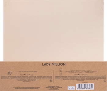 Tył kartonowego opakowania zestawu Paco Rabanne Lady Million, beżowo-brązowe, z logo i opisami produktu.