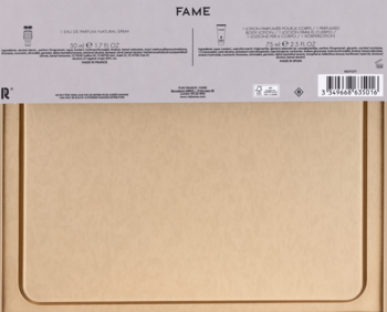 Tył brązowo-szarego opakowania zestawu perfum Fame, woda perfumowana 50ml i balsam 75ml.