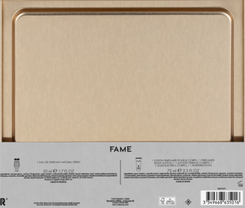 Zestaw Paco Rabanne Fame: złota metalowa puszka i detale wody perfumowanej 50ml oraz balsamu 75ml.