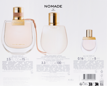 Zestaw Chloe Nomade: woda perfumowana 75ml, balsam 100ml i miniatura 5ml. Beżowe butelki z złotymi detalami na białym tle.