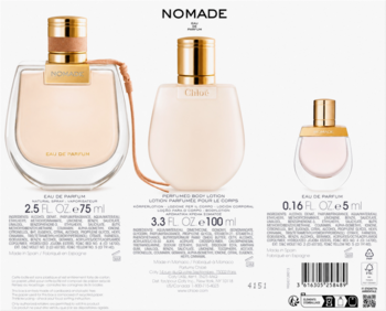Zestaw Chloé Nomade: perfumy 75ml, balsam do ciała 100ml i miniatura 5ml, na białym tle, widok z przodu.
