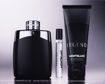 Męski zestaw MontBlanc Legend: czarna butelka EDT 100ml, mały flakonik 7.5ml i czarny żel 100ml na grad. tle.