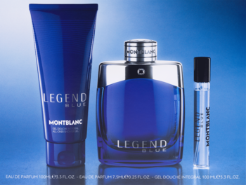 Montblanc Legend Blue zestaw: błękitne EDP, żel pod prysznic i miniatura na gradientowym tle.