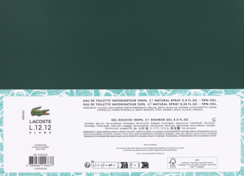 Tył opakowania zestawu Lacoste L.12.12 Blanc z białymi etykietami, opisem produktów i kodem EAN.