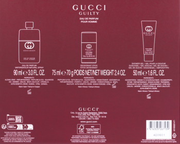 Tył ciemnoczerwonego opakowania zestawu Gucci Guilty dla mężczyzn: woda perfumowana, żel pod prysznic, dezodorant. Drzewno-przyprawowy.