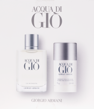 Zestaw Giorgio Armani Acqua di Gio: biała butelka wody toaletowej 100ml i dezodorant 75g, widok z przodu.