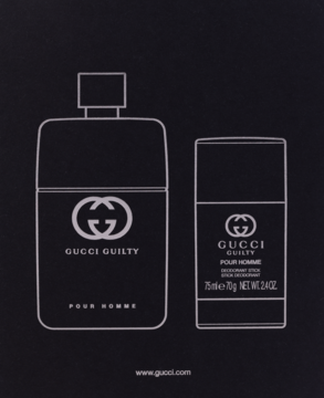 Gucci Guilty Pour Homme zestaw: prostokątna butelka perfum i dezodorant w sztyfcie, obrysowane na czerni.