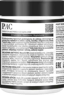 PAC zmiękczające perełki do stóp z mocznikiem i niacynamidem, czarno-biała etykieta na tubie, widok z boku.