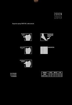 Czarna grafika informacyjna rajstop PANTI 90D z mikrofibry: cechy, skład (poliamid, elastan), tabela rozmiarów.