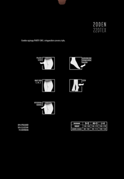 Informacje techniczne o rajstopach 200 DEN na ciemnym tle, z diagramami kroju, składu i tabelą rozmiarów.