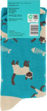 Skarpety damskie 35-40, turkusowe z kotami syjamskimi i rybimi szkieletami, widok etykiety z rozmiarem.