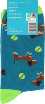 Skarpety damskie rozm. 35-40, turkusowe z brązowymi jamnikami i zielonymi piłkami tenisowymi, ujęcie z przodu.