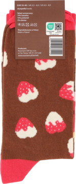 Skarpetki damskie Eloy w brązowym kolorze z wzorem truskawek w białej polewie. Widok przodu z metką.