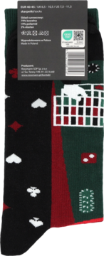 Skarpetki męskie Eloy z motywem kasyna: czarne z symbolami kart, zielone z ruletką i kostkami. Rozmiar 40-45.