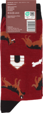 Skarpetki męskie Eloy, bordowe z wzorem psa, kości i budy, rozmiar 40-45, widoczna metka.