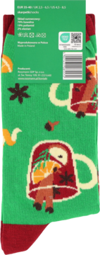 Skarpetki damskie Eloy z motywem zimowej herbaty, zielone z czerwonymi kubkami, widok z etykietą.