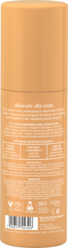 Tył pomarańczowej butelki serum do ciała z naturalnymi składnikami, widoczne polskie napisy o składzie i certyfikatach Vegan.