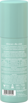 Tył miętowo-zielonej, cylindrycznej butelki serum do ciała Naturalnie Biostyl z listą składników. Widoczne logo Vegan i objętość 150ml.