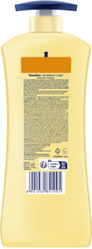 Tył jasnożółtej butelki balsamu Vaseline Intensive Care Essential Healing 600ml z etykietą i kodem.