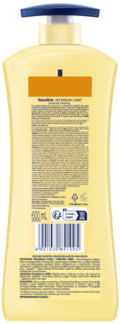Tył żółtej butelki balsamu Vaseline Intensive Care Essential Healing 600ml z granatową pompką, etykietą, kodem kreskowym.