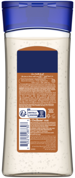 Tył butelki Vaseline Cocoa Radiant olejek do ciała. Niebieska zakrętka, brązowa etykieta ze składnikami i kodem kreskowym.