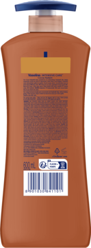 Tył brązowej butelki Vaseline Balsam Cocoa Radiant 600 ml z etykietą, kodem kreskowym i niebieską pompką.