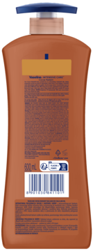 Tył brązowej butelki Vaseline Balsam Cocoa Radiant 600ml z niebieską pompką, widoczne etykieta i kod kreskowy.