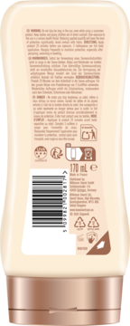 Tył beżowej butelki Hawaiian Tropic Glowing Protection Lotion SPF50 170ml, z kodem kreskowym i etykietą.