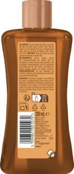 Tył brązowej butelki Hawaiian Tropic Glowing Oil (bez SPF), z etykietą, składem i ostrzeżeniami.