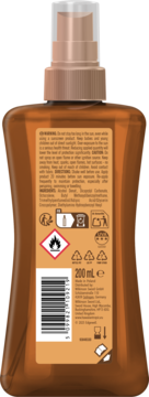 Tył brązowej butelki Glowing Protection Dry Spray Oil Mist SPF 30, 200 ml, z czytelnym kodem kreskowym i ostrzeżeniami.