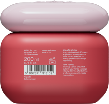 Tył różowego, nawilżająco-odżywczego masła do ciała VIDAMASŁO, z etykietą, kodem kreskowym i 200 ml pojemności.