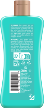 Tył turkusowej butelki Hawaiian Tropic Soothing After Sun Gel z aloesem 200ml, widoczne składniki i symbole recyklingu.