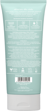 Tylna etykieta miętowego balsamu do pielęgnacji ciała, 200ml, z certyfikatem Vegan i składem.