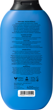 Yope Men, męski żel pod prysznic, niebieska butelka, tył opakowania z listą składników i opisem.